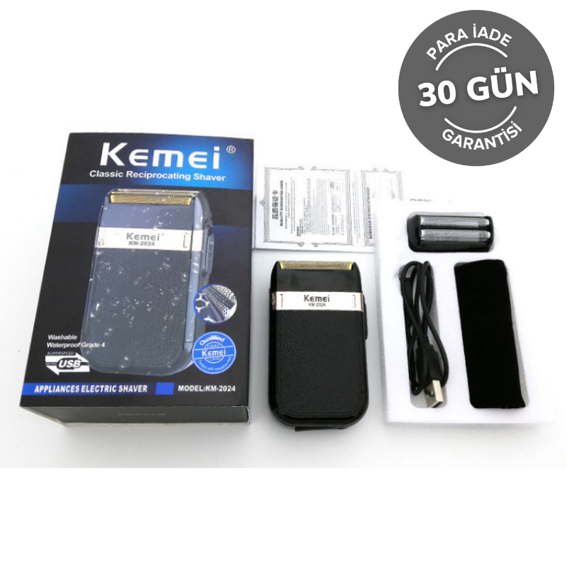 KEMEI KM-2024 USB Şarj edilebilir çift ağlı tıraş makinesi – altın ve gümüş bıçak ağlı, tamamen yıkanabilir gövde
