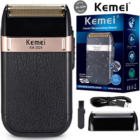KEMEI KM-2024 USB Şarj edilebilir çift ağlı tıraş makinesi – altın ve gümüş bıçak ağlı, tamamen yıkanabilir gövde