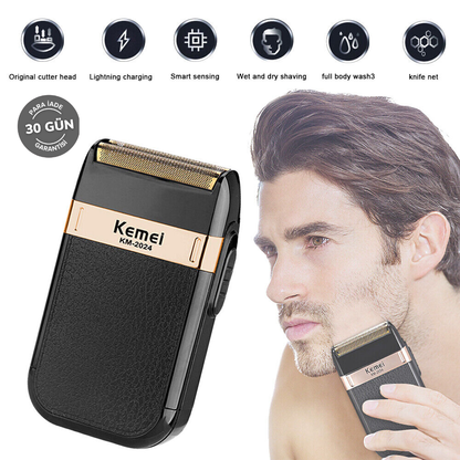 KEMEI KM-2024 USB Şarj edilebilir çift ağlı tıraş makinesi – altın ve gümüş bıçak ağlı, tamamen yıkanabilir gövde