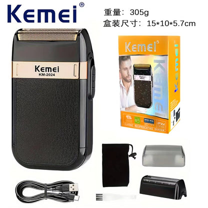 KEMEI KM-2024 USB Şarj edilebilir çift ağlı tıraş makinesi – altın ve gümüş bıçak ağlı, tamamen yıkanabilir gövde